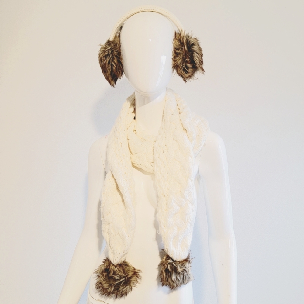 Women's Big Kids Cable Knit Scarf and Ear Muffs with Faux Fur Puffs